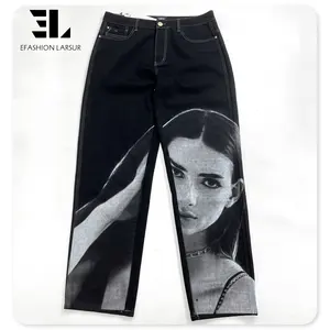LARSUR Custom Logo OEM ODM 3D digital printing pattern denim pants baggy loose all over digital printing jeans for men