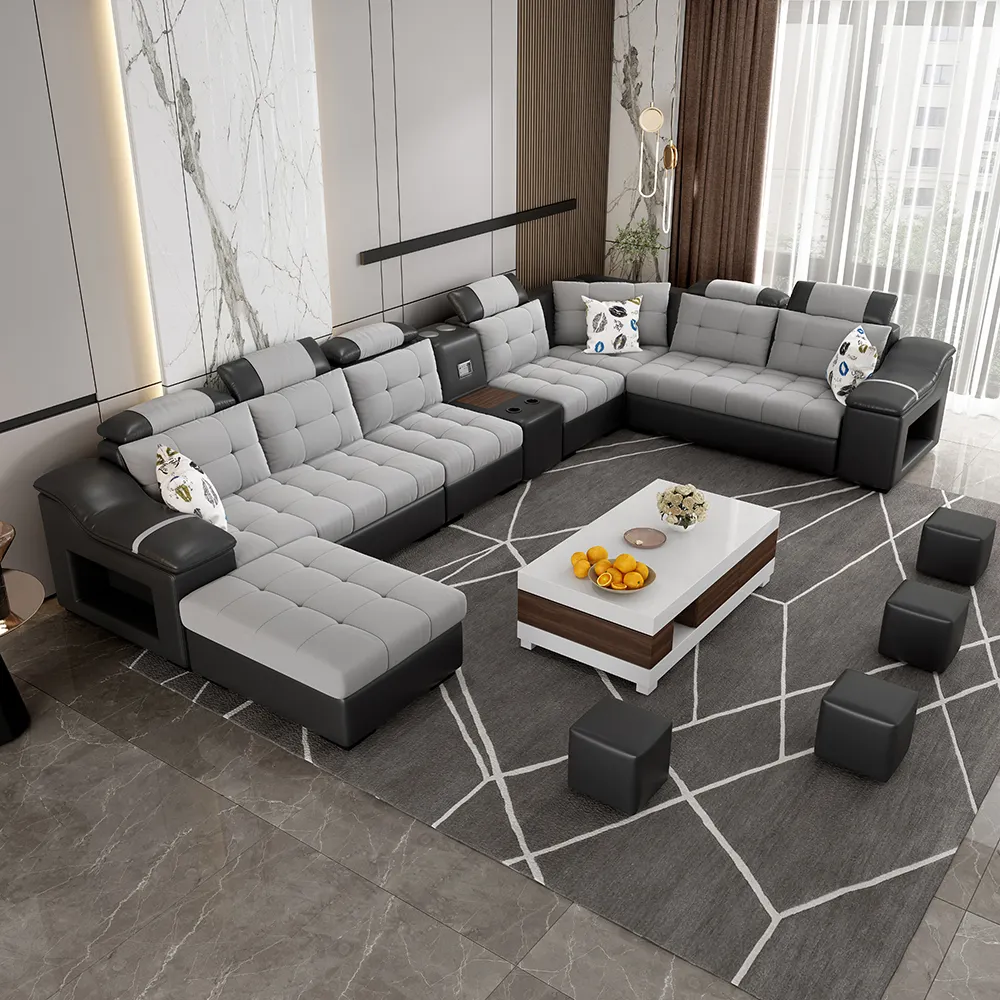 2021 Nieuwe Moderne Design Functionele Stof Zwart Slaapbank Fauteuil Sofa Set Meubels 7 Zits Couch Woonkamer Banken