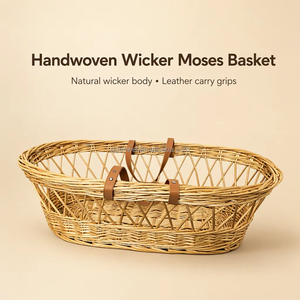 Panier Moïse en osier fait main pour <span class=keywords><strong>bébé</strong></span>, avec poignées en cuir, logo personnalisé, berceau portable pour nourrisson – Prix de gros abordable - Product Image 3