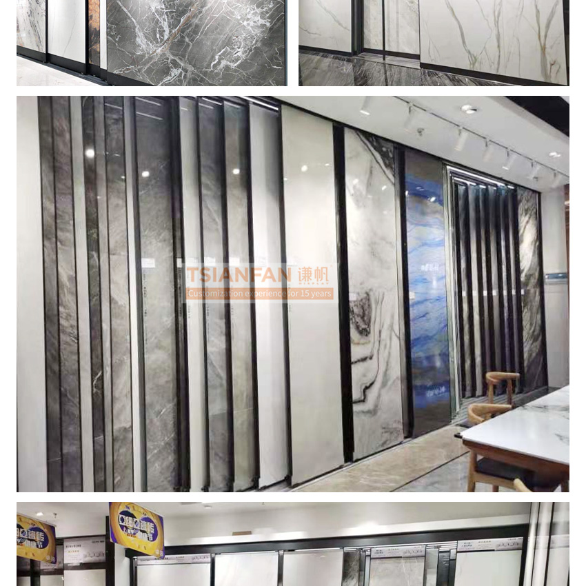 High quality large ceramic marble artificial tiles showroom  customized metal quartz sliding Natural stone display stand