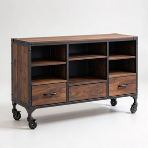 Meuble TV industriel, console multimédia, armoire de rangement en bois avec roulettes, unité de divertissement roulante pour salon - Product Image 1