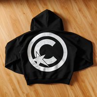 Sweat-shirt à capuche zippé noir pour homme, avec patch CLRVNT, lettres imprimées sur le devant, logo étoile C imprimé au dos, style streetwear vintage oversize