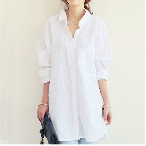 Camisa de mujer de algodón y lino con textura, cuello solapa y empalmes, estilo casual elegante y holgado, talla grande, nueva colección primavera-verano - Product Image 5