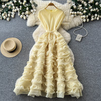 Robe longue décontractée rose élégante pour femme, coupe trapèze, à volants superposés, avec ceinture, sans manches, col rond, pour le quotidien et les soirées