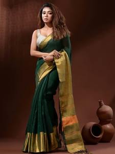 Sari Elegante de Lino Verde Puro de Primera Calidad para Mujer con un Estilo de Drapeado Gracioso y un Atractivo Estético Artesanal Refinado de la India - Product Image 6
