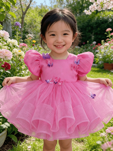 Abito da festa per <span class=keywords><strong>bambina</strong></span> con maniche a sbuffo, applicazioni 3D a <span class=keywords><strong>farfalla</strong></span>, balze in tulle, abito da damigella d'onore - Product Image 2