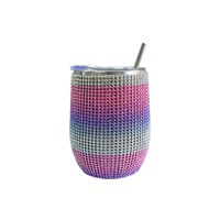 Verre à vin miniature de 12 oz avec couvercle hermétique et paille, en acier inoxydable 304 à double paroi sous vide, incrusté de diamants.