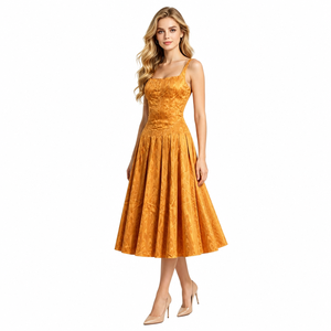 Abito Midi da Donna Senza Maniche con Pieghe Profonde, Scollo Quadrato, in Jacquard Testurizzato, Linea ad A, per Cocktail Party, Stile Miyake - Product Image 6