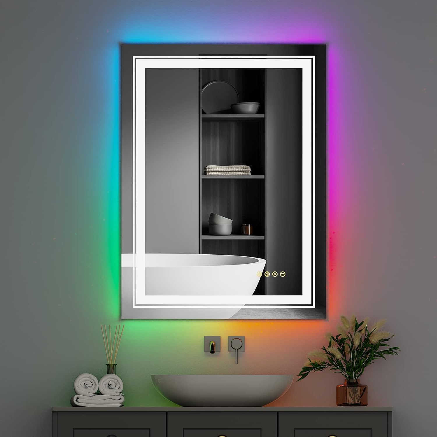 Modern 3-Color RGB LED Vanity Mirror 80 X 60 cm Bathroom Bath Mirrors 4 Touch Switches 11 Light Colours 3-Color RGB LED Mirror