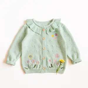 Gros enfants filles vert brodé fleur tricot cardigan pull automne enfant pull fille 2021