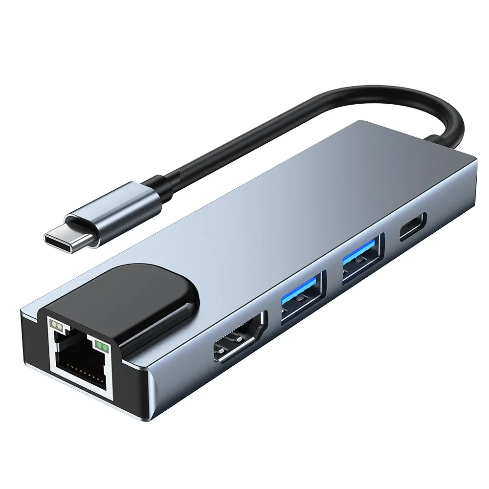 HDTV가있는 5 in 1 Type-C 허브 허브 멀티 포트 어댑터 4K USB 3.0 RJ45 100M 이더넷 USB C PD 충전 어댑터 노트북 PC 액세서리