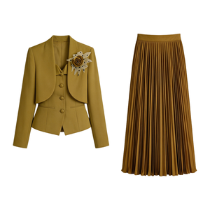 Nuova Collezione Autunno 2026: <span class=keywords><strong>Set</strong></span> Tre Pezzi Solido con Corsage, Mantella, Cappotto Corto, Top Senza Spalline, <span class=keywords><strong>Blazer</strong></span> e Gonna a Pieghe - Product Image 1