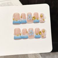 Ongles à presser en acrylique pour vacances d'été à la plage, rose et bleu, French manucure, perles, coquillages, étoiles dorées, fleurs 3D bleues, carrés, personnalisables