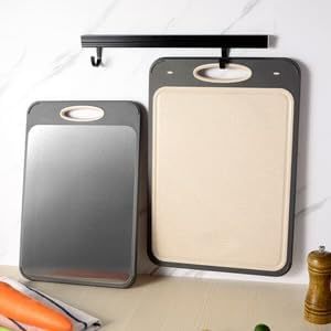 Gadget de cuisine, planche à découper double face en acier inoxydable, acier inoxydable 304 de qualité alimentaire et planche à découper en paille de blé - Product Image 4