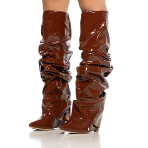 Wrinkle Botas Alto Height Increasing Wedge Heel Shoes Fashion Knee-High <b>Boots</b> for Women - Product Image 4