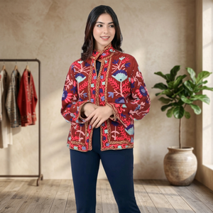 Hand Embroidered Animal Floral Suzani Winter <b>Jacket</b> Bohemian Artisan Coat Handmade Cotton Breathable Button Outerwear <b>for</b> <b>Women</b> - Product Image 2