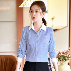 Blue Striped Long Sleeve Shirt Women Cotton Poplin Office Wear Contrast Collar Autumn Top - Product Image 1