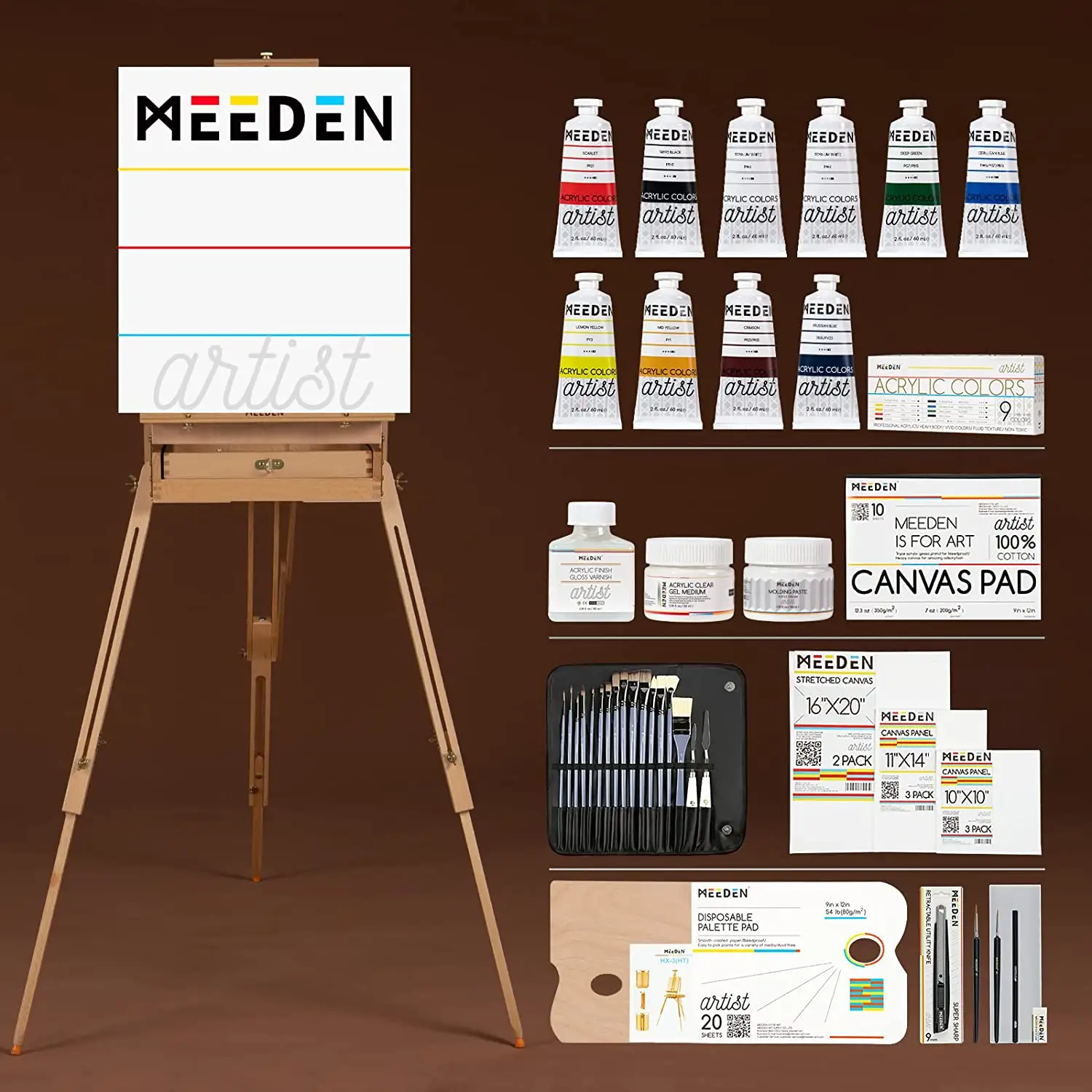 MEEDEN [2022 Release] Professional Artist 60ML Acrylic Painting Set Art Kit with French Easel Artist Easel Sets for Painting