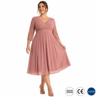 Robe midi grande taille en mousseline 160 GSM, col en V, taille empire, manches en dentelle, coupe trapèze, pour invitée de mariage, personnalisable OEM, tailles 1X-5X