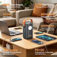 Batterie externe 60000mAh 100W PD à charge rapide avec 5 sorties et lumière LED, compatible avec les ordinateurs portables, les téléphones, les tablettes et les consoles