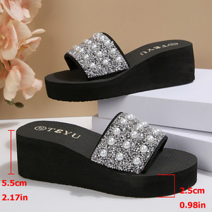 2026 New Summer Women Wedge Sandals Pearl Rhinestone Round Toe Fashion Casual Outdoor <b>Slippers</b> - Product Image 3
