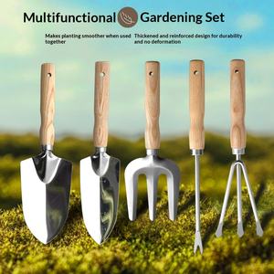 Ensemble de cinq pelles de jardin en acier inoxydable pour le nettoyage et le désherbage des plantes en pot, avec manche en bois massif - Product Image 4