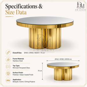 Table de banquet ronde en acier inoxydable doré avec base en colonne festonnée et plateau en verre trempé miroir, vente en gros - Product Image 4