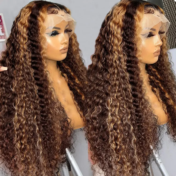 Peruca Destaque Balayage Brown Profundo Encaracolado Pré Arrancadas Transparente 13x4 Rendas Frontal Perucas Cor Do Piano Loira Mel Perucas de Cabelo Humano