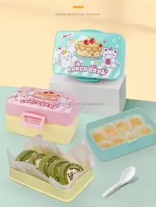 Kotak makan siang Bento anak-anak, kotak makan siang anak-anak 2 lapis desain kartun lucu plastik aman Pp untuk makanan