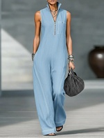 Jumpsuit Wanita Model Baru 2026 Gaya Eropa Amerika untuk Wanita, Kerah Tegak Tanpa Lengan, Kasual, Slim Fit