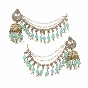 Bridal Ethnic Chandelier Drop Earrings Claw Setting Pearl Chain Matching Maang Tikka Alloy Gold Plated Vintage Traditional - Product Image 2