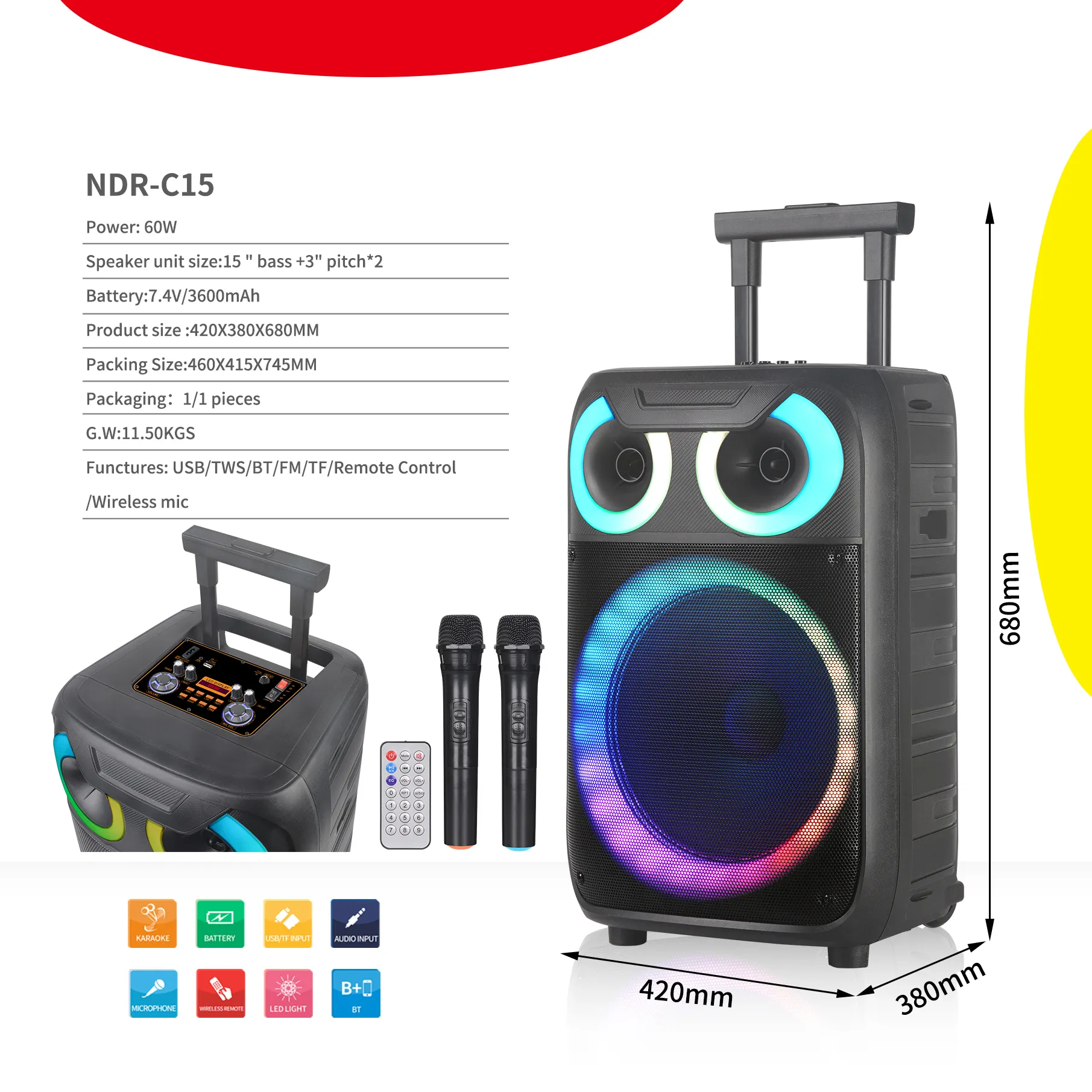 Hoparlör karaoke ışık ile arabası hoparlör 15 inç taşınabilir dj kablolu ucuz fiyat şarj edilebilir loud ses