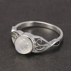 New Arrival 8mm Natural Moonstone Women Rings Real 925 Sterling Silver Victorian Style Solitaire Ring