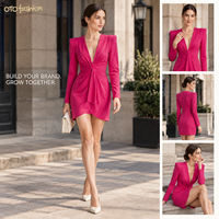 Robe courte rose pour femme, col en V, manches longues, froncée, devant croisé, élégante, pour soirée, personnalisable, OEM, marque privée