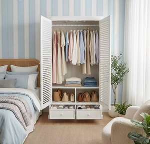 Armoire à portes à persiennes blanches - Organisateur de chambre <span class=keywords><strong>multi</strong></span>-<span class=keywords><strong>rangement</strong></span> avec tringle de suspension et armoire de <span class=keywords><strong>rangement</strong></span> pour vêtements avec tiroirs - Product Image 2