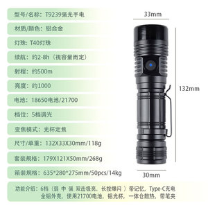 Linterna de Luz Fuerte T9239 de 132 mm con LED T40, 5 Modos, 1000 Lúmenes, Batería 21700, para Uso en Exteriores - Product Image 1