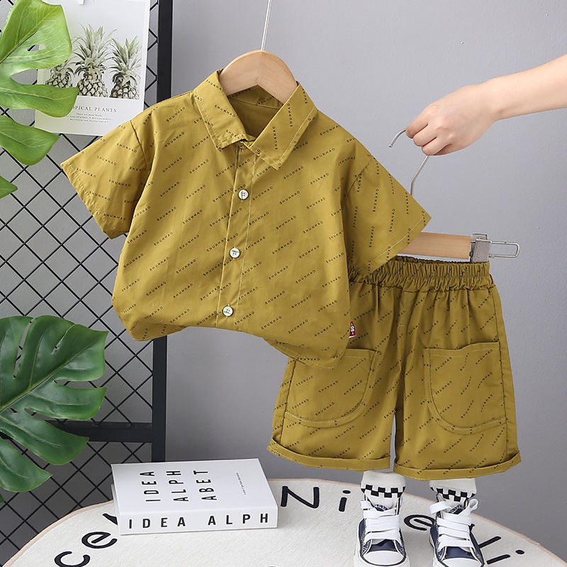Full print small letter shirt short sleeve set yellow green