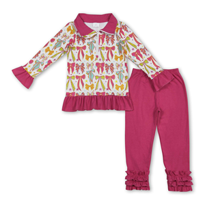 Sibling Matching Casual Eco-Friendly Pajamas Kids Short Sleeve Ruffle Outfit <b>Cute</b> Bow Print Girls Nightwear Set - Product Image 4