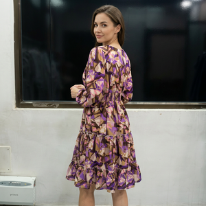 Women's Fashion Geometric Print Asymmetrical Neck Long Sleeve <b>Ruffle</b> Hem Casual Maxi <b>Dress</b> Sweet Breathable Daily Eco-Friendly - Product Image 3