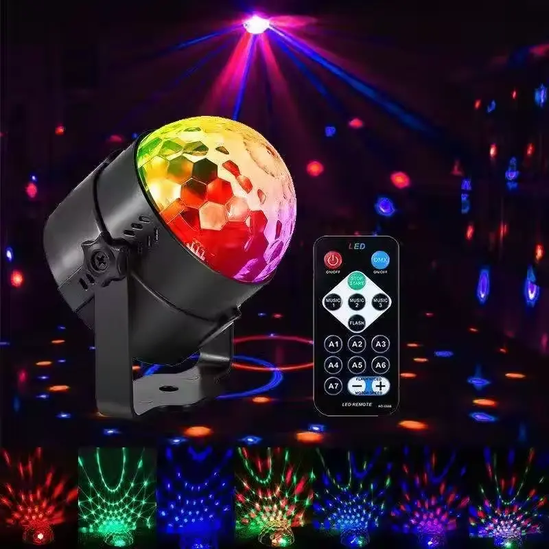 DJ parti sahne ışıkları ses aktif Mini disko dönen 3W tam renkli LED sihirli top ışık uzaktan kumanda ile