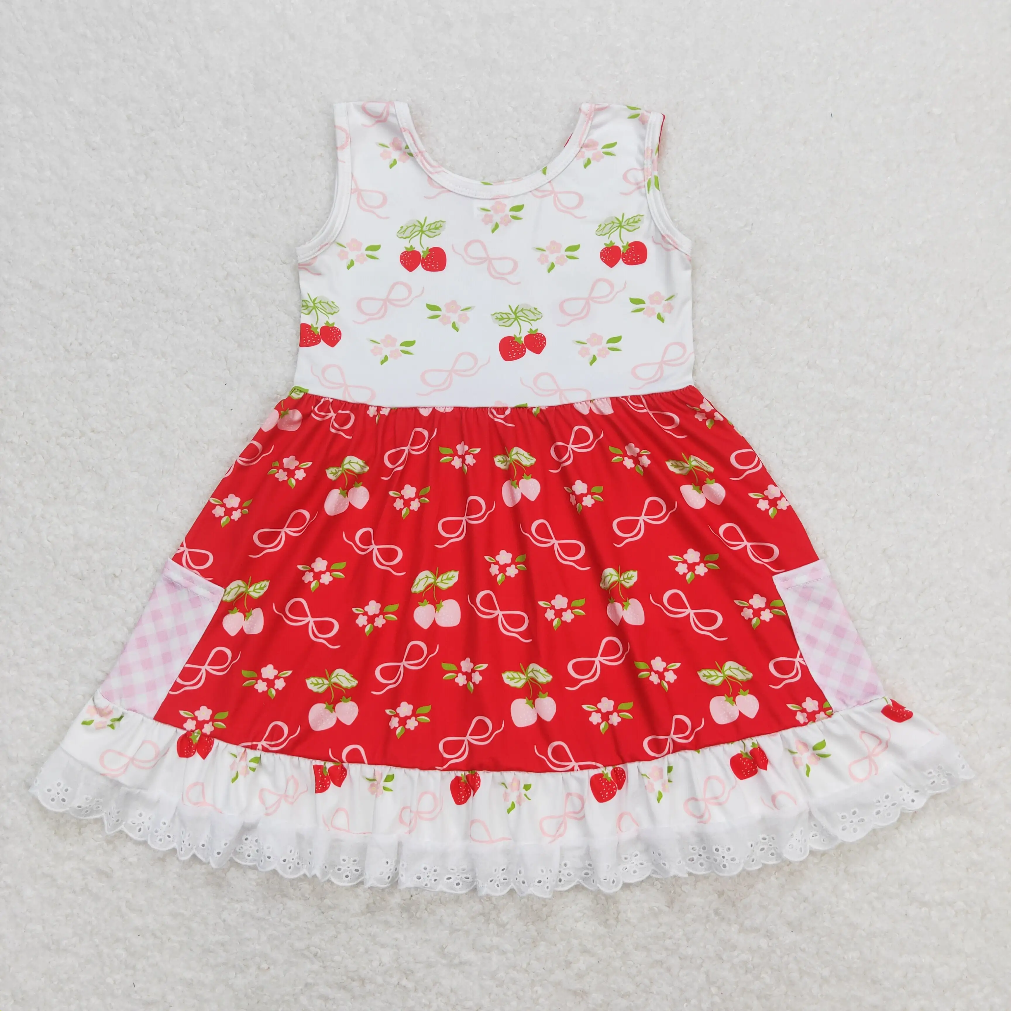 Vestido infantil boutique RTS de verão para bebês, com bolsos e laços, morango e regata, com babado, novo design, vestidos infantis