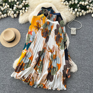 <span class=keywords><strong>Falda</strong></span> Larga Plisada <span class=keywords><strong>con</strong></span> Estampado Floral Multicolor al por Mayor para Mujer, de Cintura Alta Elástica, Fluida, Estilo Línea A, Casual - Product Image 1