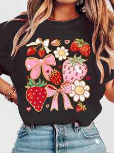 Glissea Women's Summer T-Shirt Round Neck <b>Pink</b> <b>Bow</b> Strawberry Print Cute Style Regular Fit 100% Cotton Jersey - Product Image 3