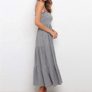 Salida de fábrica verano largo deslizamiento ropa casual a cuadros 100% poliéster camisola correa de espagueti mujeres vestidos causales - Product Image 3