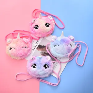 Bolso pequeño de felpa con diseño de animales de unicornio para niños, bandolera redonda de felpa con diseño de animales