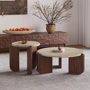 Tavolino da Salotto Rotondo <span class=keywords><strong>in</strong></span> Legno Massello con Piano <span class=keywords><strong>in</strong></span> Pietra, di Lusso, <span class=keywords><strong>per</strong></span> Casa - Product Image 2