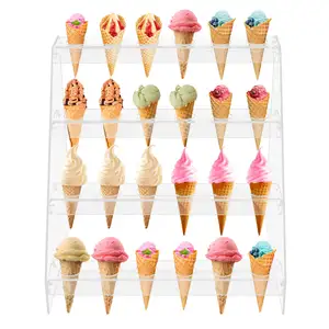 4 Camadas de acrílico claro do suporte do cone do gelado do trapézio Lucite Food Rack Plexiglás Ice Cream Stand Display com película protetora