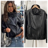 OFTBUY Vintage Damen Mode Frühling Herbst PU Kunstleder Motorradjacke mit Reißverschluss Strukturierte Textur Modisches Design