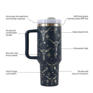Stainless Steel Tumbler 40oz Laser Bull Head Design <b>Insulated</b> Travel <b>Mug</b> With Handle And Straw - Product Image 4