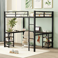 Lit mezzanine en métal avec bureau et étagères, design en forme de L pour gagner de la place, cadre avec plateau en bois, lit double avec échelle